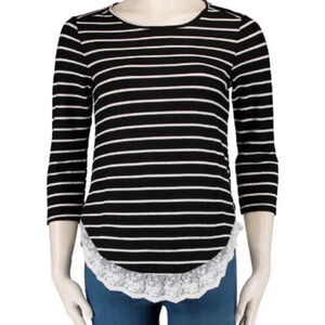New Como vintage stripped waffle scalloped Lace trim long sleeve top Henley tee